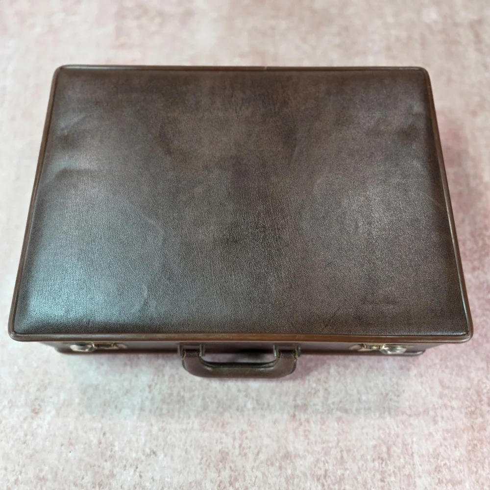 Vintage Hard Shell Leather Attache Briefcase Brown Unique Inner Flap-Lid Brass